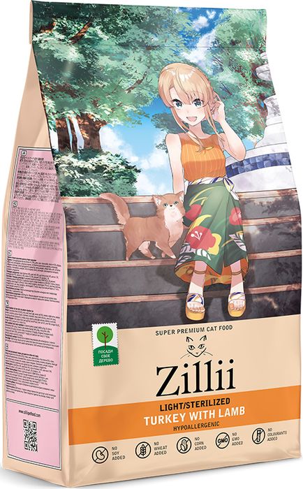 Zillii Sterilized/Light корм для стерилизованных кошек и при избыточном весе, индейка с ягненком