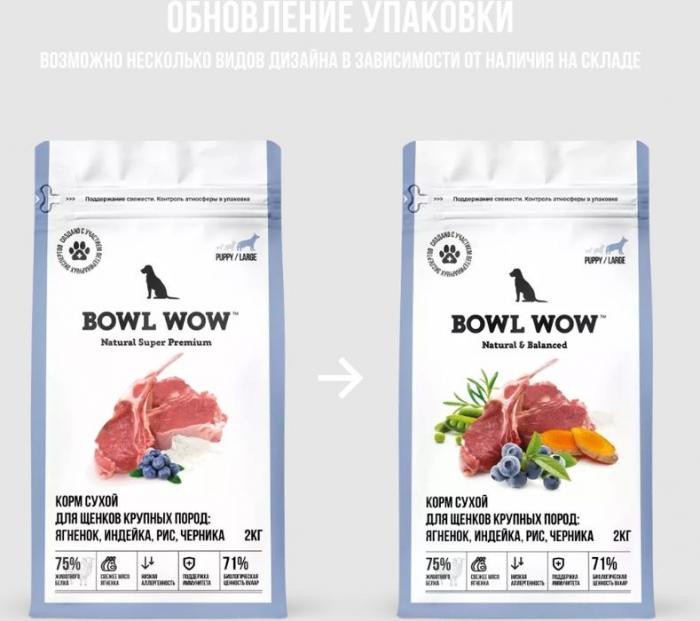 Bowl Wow корм для щенков крупных пород, с ягненком, индейкой, рисом и добавлением черники