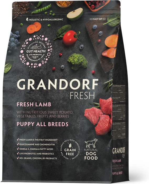 Grandorf Fresh корм для щенков, беззерновой, с живыми пробиотиками, свежее мясо ягненка с бататом