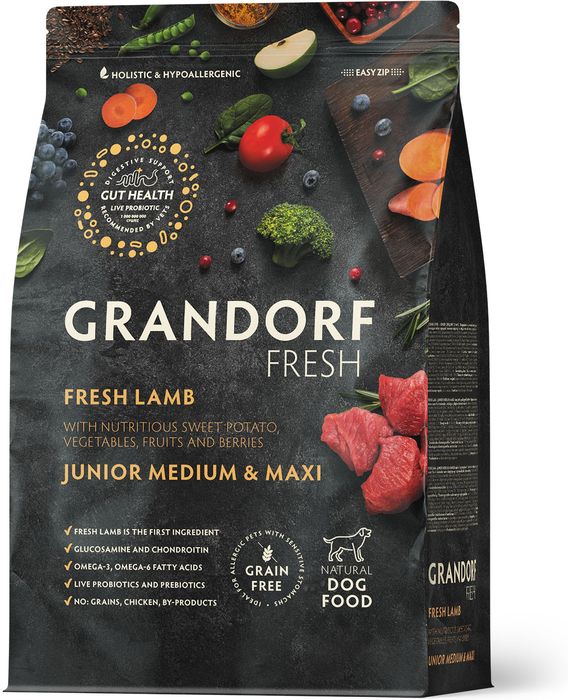 Grandorf Fresh корм для юниоров средних и крупных пород, беззерновой, с живыми пробиотиками, свежее мясо ягненка с бататом